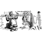 Wektor rysunek brzydka kobieta kucharz i cztery powieszony kurczaka